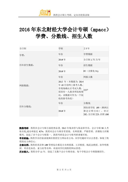 2016年东北财经大学会计专硕(mpacc)学费、分数线、招生人数