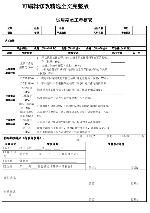 试用期考核指标表精选全文完整版