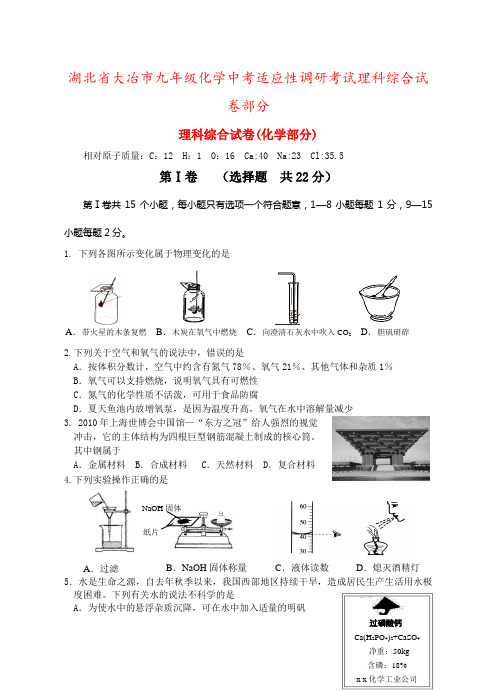 湖北省大冶市九年级化学中考适应性调研考试理科综合试卷部分