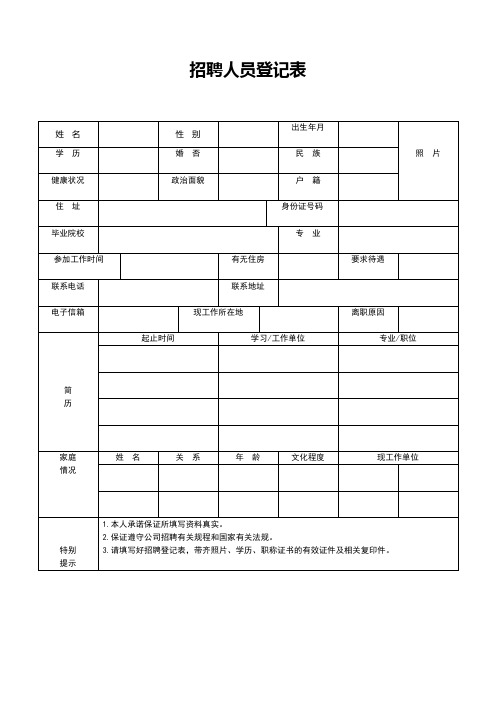 招聘人员登记表