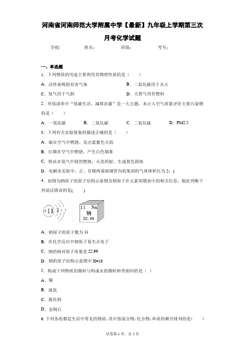 河南省河南师范大学附属中学2020-2021学年九年级上学期第三次月考化学试题