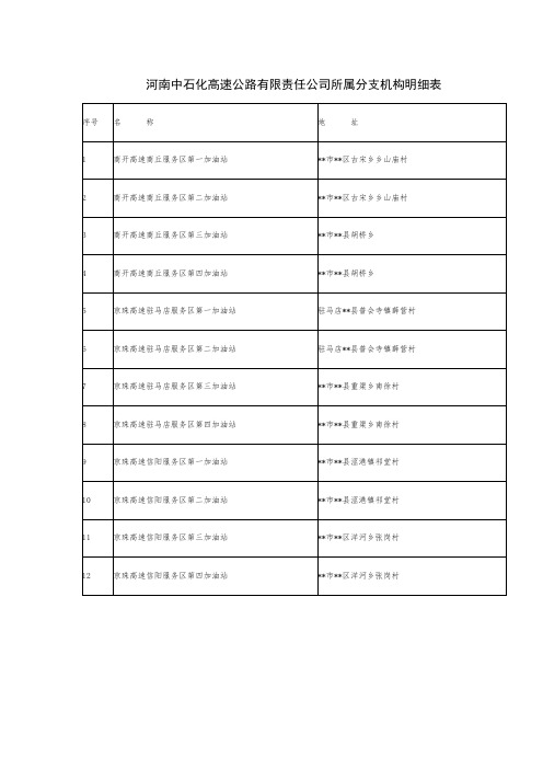 河南中石化高速公路有限责任公司所属分支机构明细表【模板】