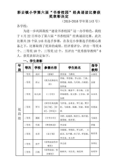 彩云镇小学第六届“书香校园”经典诵读比赛表彰决定