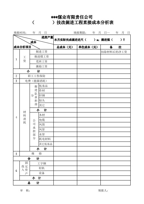 煤矿采煤、掘进直接成本分析表模板(2表)