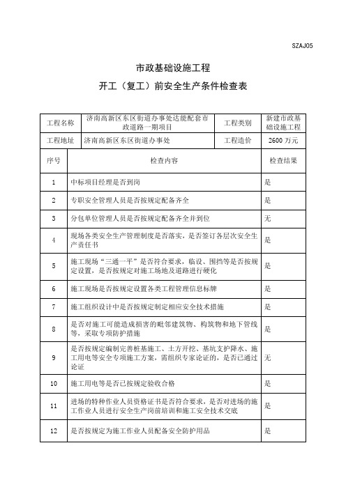 市政工程开工(复工)前安全生产条件检查表