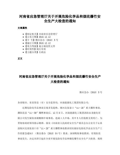 河南省应急管理厅关于开展危险化学品和烟花爆竹安全生产大检查的通知