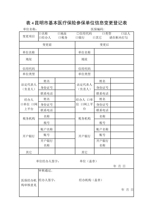 昆明市基本医疗保险参保单位信息变更登记表模板