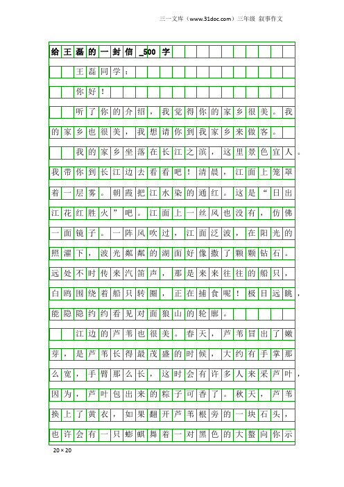 三年级叙事作文：给王磊的一封信_500字