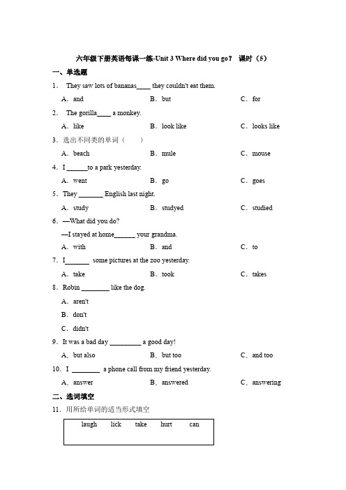 人教PEP版英语六年级下册每课一练 Unit 3 Where did you go？ 课时(5) 