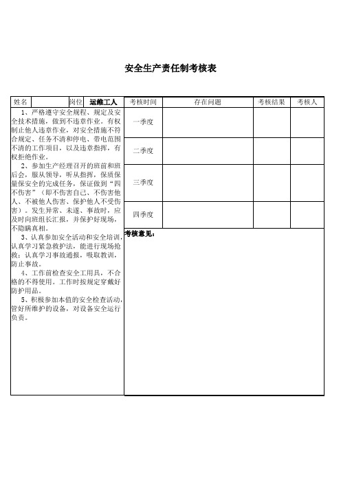 安全生产责任制考核表