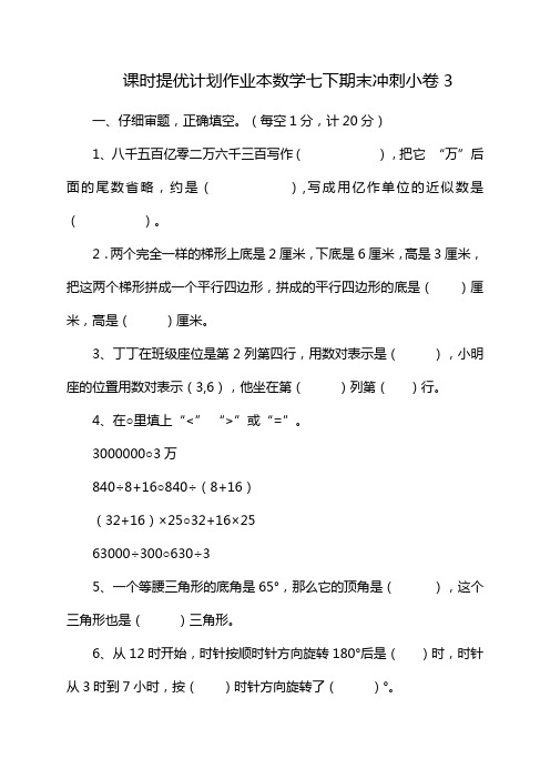 课时提优计划作业本数学七下期末冲刺小卷3