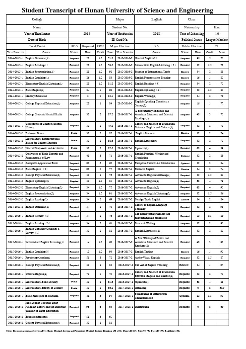 湖南科技学院学生英文成绩单参考版