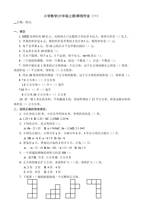 小学数学(人教版六年级上册)寒假作业(10套)