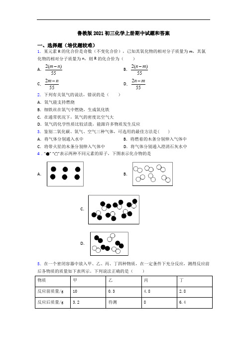 鲁教版2021初三初三化学上册期中试题和答案