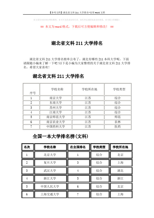 【参考文档】湖北省文科211大学排名-实用word文档 (8页)