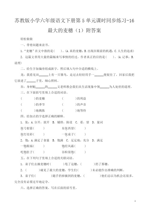 苏教版小学六年级语文下册第5单元课时同步练习-16最大的麦穗及答案