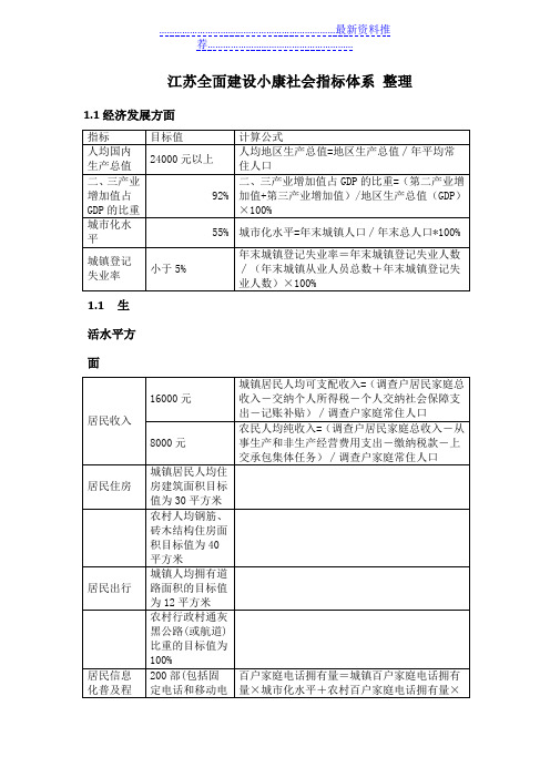 江苏全面建设小康社会指标体系