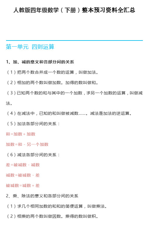 2020最新人教版四年级数学下册整本预习资料全汇总