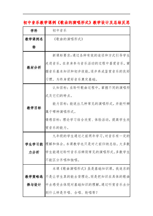 初中音乐教学课例《歌曲的演唱形式》课程思政核心素养教学设计及总结反思