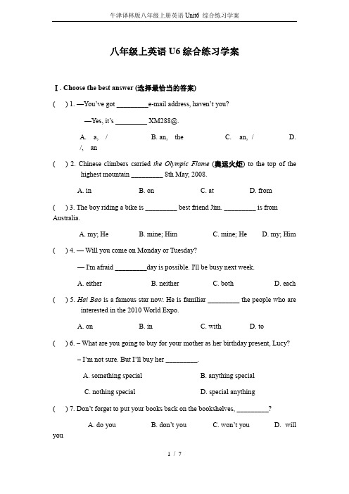 牛津译林版八年级上册英语Unit6 综合练习学案