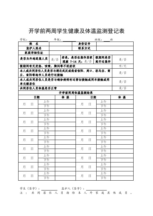 开学前两周学生健康及体温监测登记表(1)