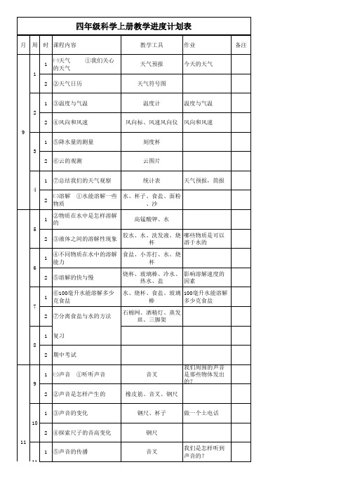 四年级科学上册教学进度计划表