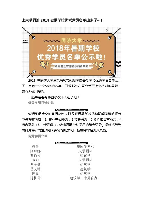 出来哒同济2018暑期学校优秀营员名单出来了~！