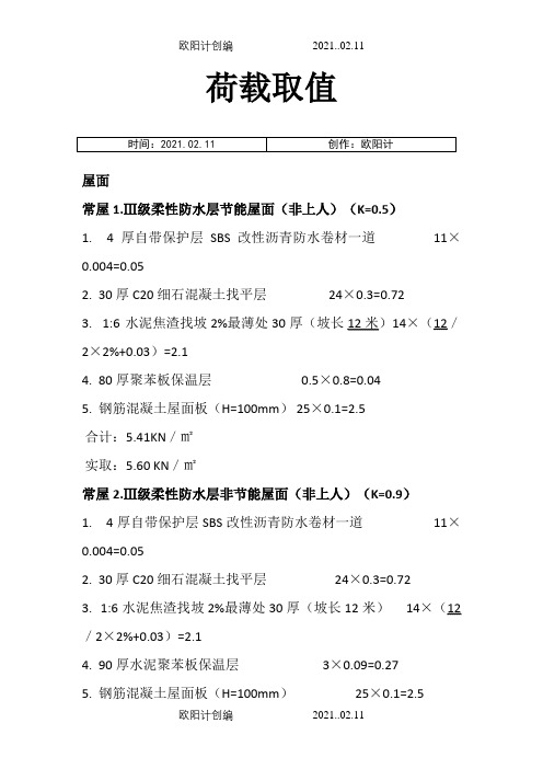 屋面楼面荷载取值表之欧阳计创编