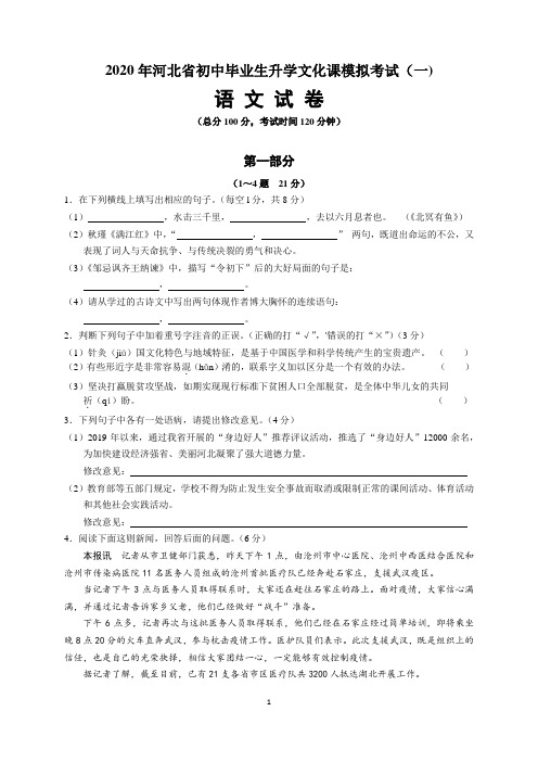 2020年河北省中考模拟考试(一)语文试题及参考答案与解析(word版)