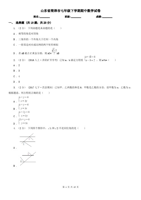 山东省菏泽市七年级下学期期中数学试卷 