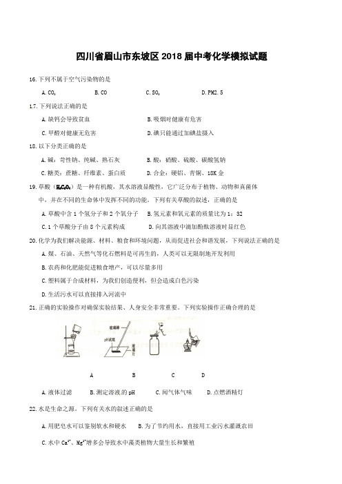 四川省眉山市东坡区2018届中考化学模拟试题(附答案)