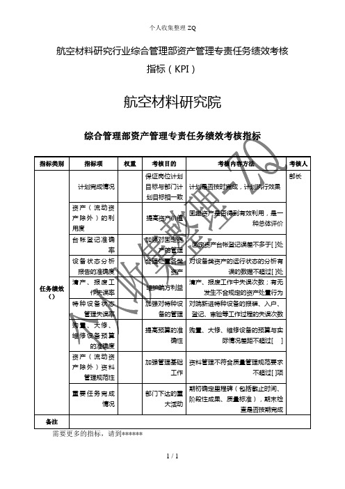 航空材料研究行业综合管理部资产管理专责任务绩效考核指标(KPI)