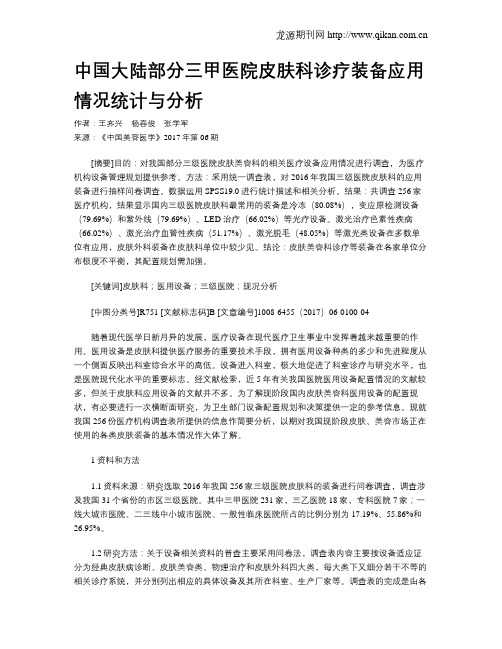 中国大陆部分三甲医院皮肤科诊疗装备应用情况统计与分析