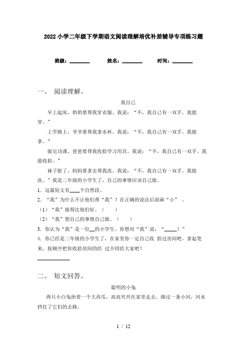 2022小学二年级下学期语文阅读理解培优补差辅导专项练习题