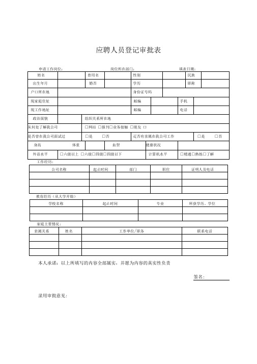 员工管理表格应聘人员登记审批表