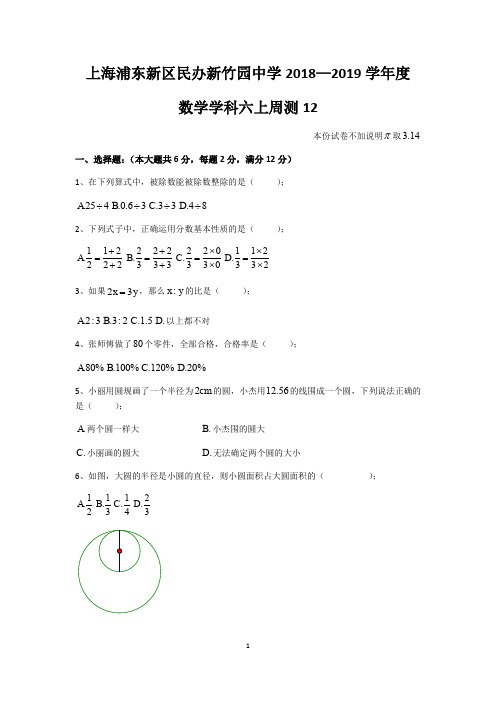 上海浦东新区民办新竹园中学2018—2019学年度上期六年级数学周测12 预备年级数学第一学期