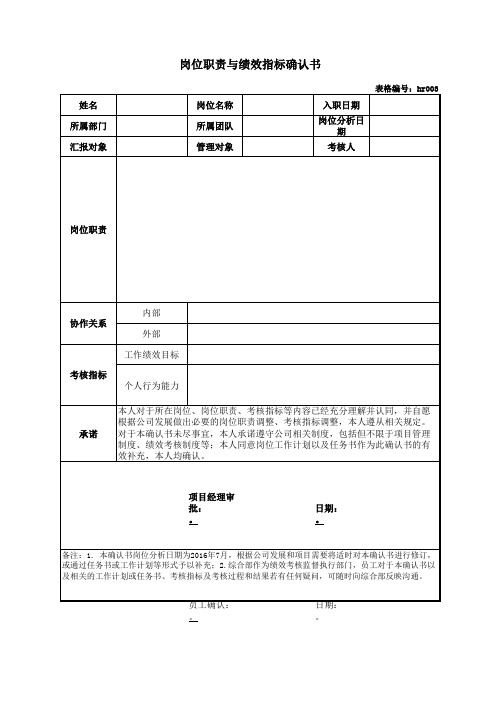 岗位职责及绩效指标确认书模板