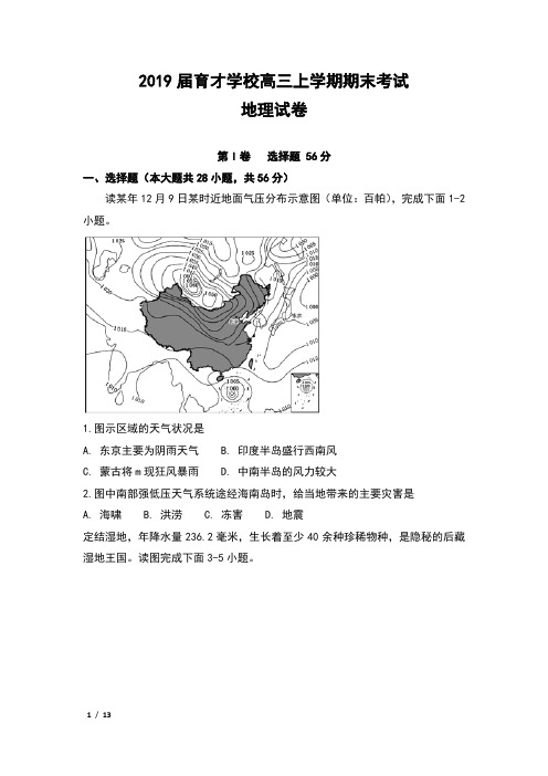 2019届安徽省滁州市定远县育才学校高三上学期期末考试地理试卷及答案