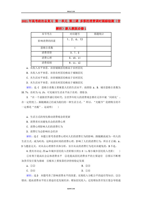 2021年高考政治总复习 第一单元 第三课 多彩的消费课时跟踪检测(含解析)新人教版必修1