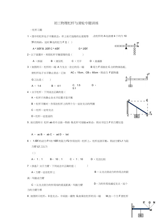 (完整word版)初中物理科学九年级中考复习杠杆与滑轮专题训练题精选