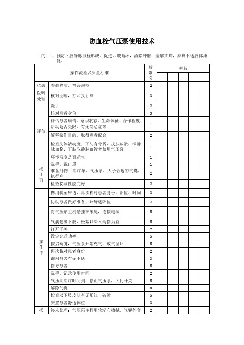 防血栓气压泵使用技术评分标准