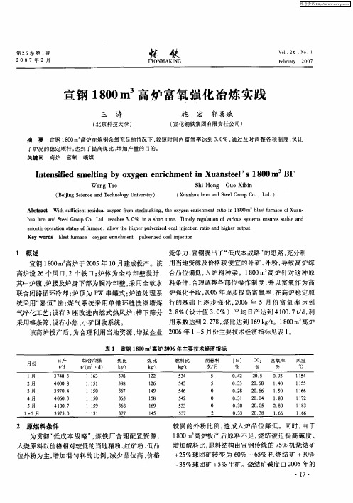 宣钢1800m 3高炉富氧强化冶炼实践