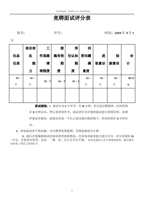 竞聘中层干部岗位面试评分表