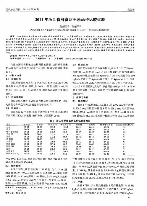 2011年浙江省鲜食甜玉米品种比较试验