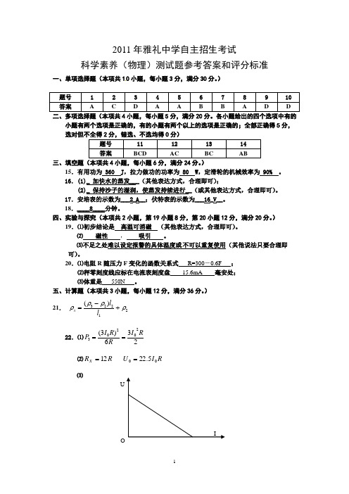 2011年雅礼中学自主招生考试物理参考答案及评分标准