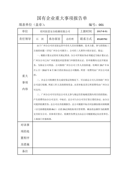 国有企业重大事项报告单