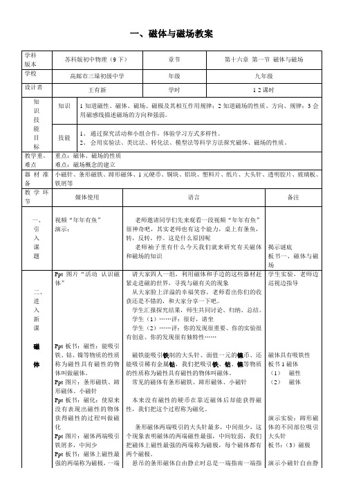 初中九年级物理教案-一磁体与磁场-冠军奖