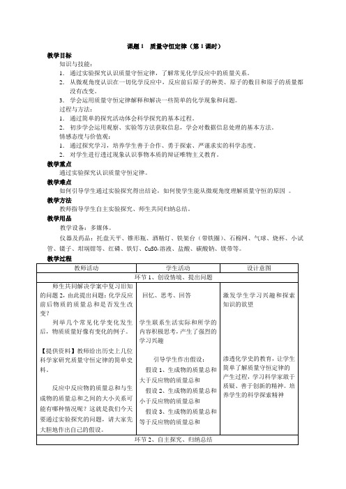 2020_2021学年人教版化学九年级上册5.1质量守恒定律第一课时教学设计