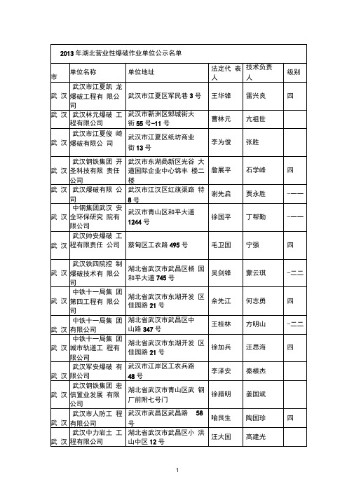 2013年湖北营业性爆破作业单位公示名单