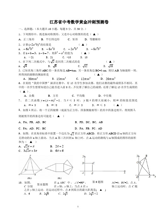 2020年江苏省中考数学黄金冲刺预测卷